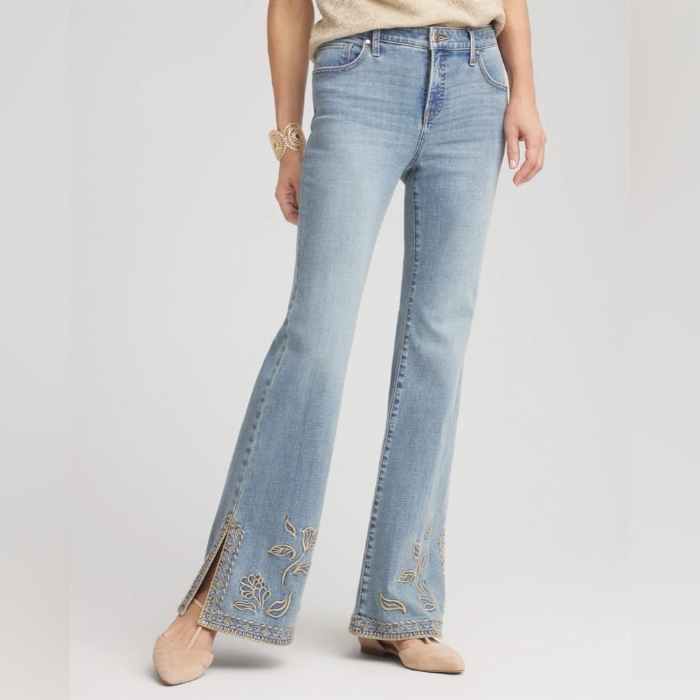 Chico's Girlfriend Whipstitch Flare Jeans NWT So Slimming® Western Embroidery